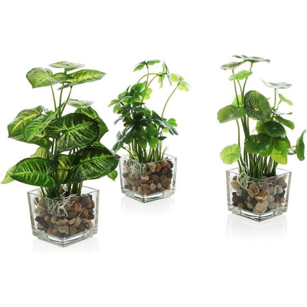 Set of 3 Artificial Plants, Faux Tabletop Greenery w/Clear Glass Pots